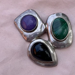 Broche/colgante Taxco México plata de ley 3 piedras 925 negro ónix verde/púrpura - Imagen 1 de 6