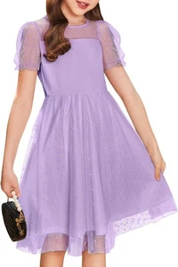 Arshiner Dresses for Tweens Stretch Waist Sheer Mesh Crew Neck Twirly Skater ... - Picture 1 of 9
