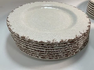 Set Of 8 Cream And Brown Melamine Crackle Rustic 9" Round Salad Plates - Picture 1 of 3