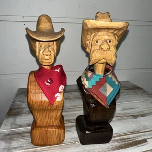 Handgeschnitzte Cowboy Büste Karikatur Holzskulptur 7" hoch x 2 Western Buddy - Bild 1 von 6