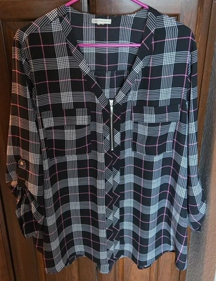 EUC - CATO  (1X - tag cut) 100% Polyester Top - Black/Pink/White Plaid - Image 1 of 3
