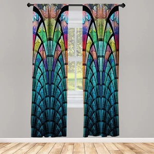 Abstract Window Curtains, Curves Pattern with Weathered Colors and Blue Ombre... - Picture 1 of 1