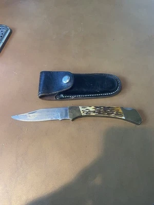 Vtg  pocket Folding  hunting knife BONE handle brass 9 Inch Pakistan With Sheath - Image 1 of 4