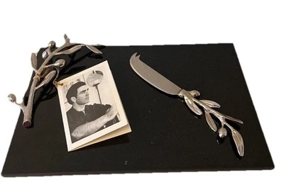 Michael Aram Olive Branch Cheeseboard / Knife 8.5x12.5” Black Marble Silver Trim - Image 1 of 4