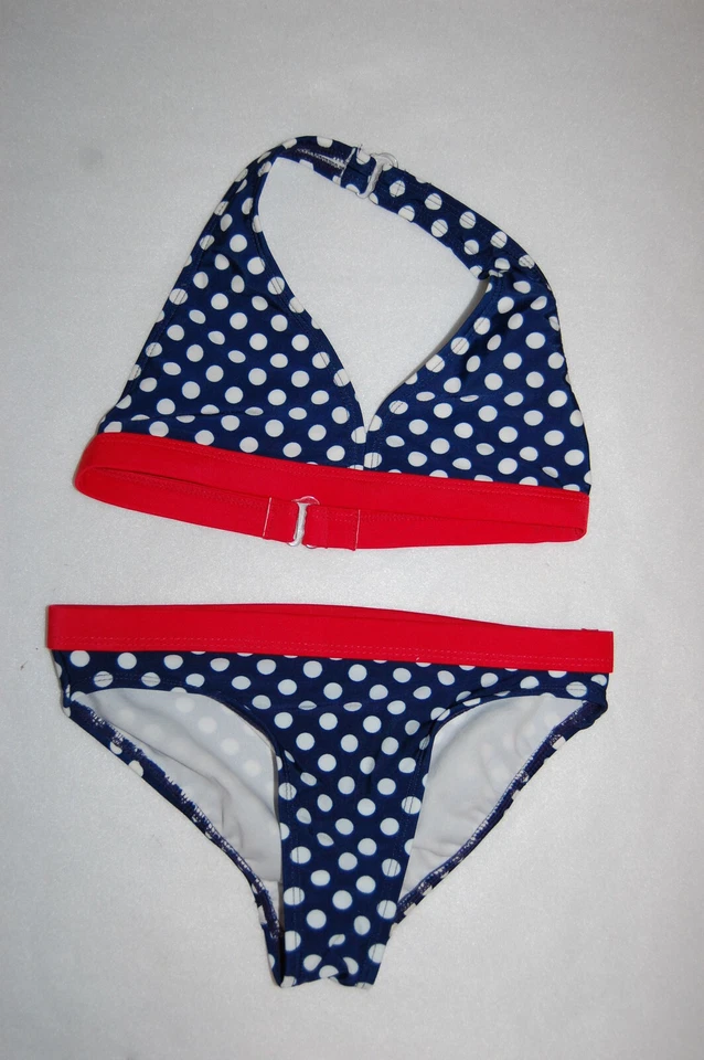 Girls Swimsuit 2 PC BIKINI Halter NAVY BLUE w/ WHITE POLKA DOTS Red Trim S 6-6X - Image 1 of 1