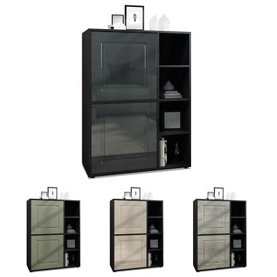 Highboard Sideboard Kommode Schrank Landhaus NOAH V1 Schwarz Hochglanz&Naturtöne - Bild 1 von 3