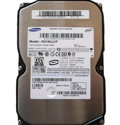 Samsung HD160JJ/P REV.A FW:ZM100-34 (P/V FS) Korea 160gb 3.5" Sata HDD 2006 - Image 1 of 2