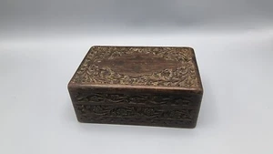 Vintage Hand Crafted Carved Wooden Box Brass Leaf Inlay Jewelry, Trinket, Stash - Picture 1 of 13