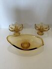 Vintage Set Of 3 MCM Golden,  2 Candle Stick Holders & Matching Candy Dish