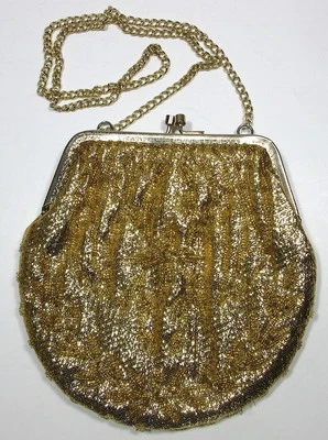 Vintage 1950s Gold Hand Beaded Embroidered Evening BAG Shoulder Chain Party Hong - Image 1 of 4