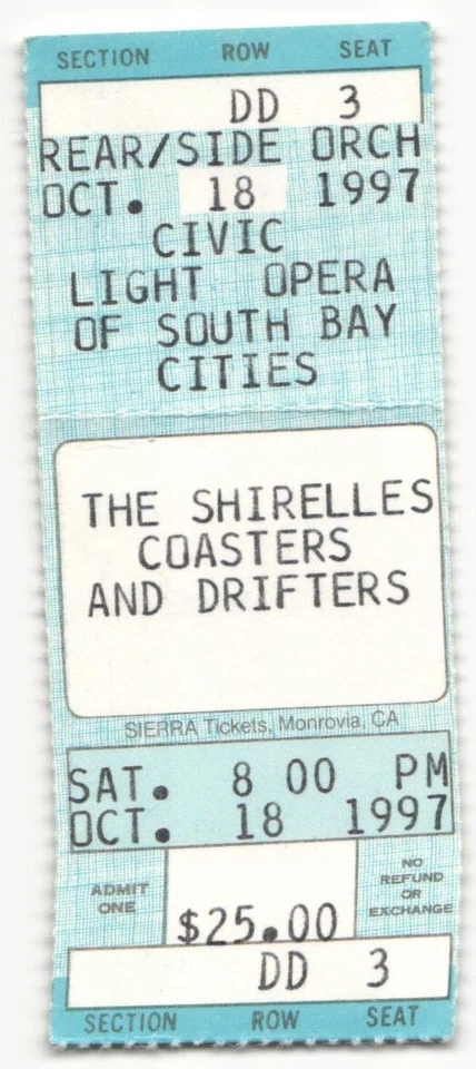 Vintage 1997 Shirelles Coasters Drifters Concert Ticket Stub Redondo Beach CA - Image 1 of 1