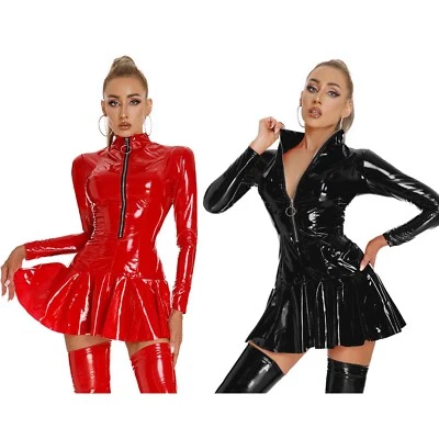 Womens Dress Zipper Costume Party Clubwear Patent Leather Leotard A-Line Solid - Image 1 of 4
