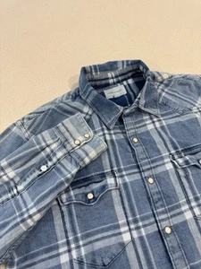 Lucky Brand Men's Size Medium Western Pearl Snap Blue Plaid Shirt Long Sleeve - Picture 1 of 19