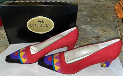 New in Box *Super Funky* Delman Red and Multicolor Suede Heels Pumps Size 8.5 N - Image 1 of 4