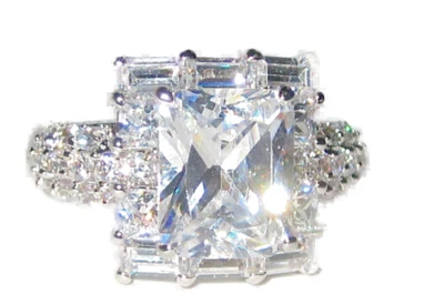 Silver ring Clear white square emerald cut CZ white gold fine design size 7 NEW - Image 1 of 4