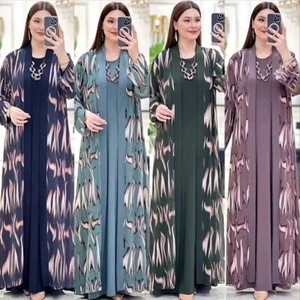 Dubai Women Muslim Kaftan Abaya Two Piece Set Open Cardigan Dress Islamic Robes - Picture 1 of 16