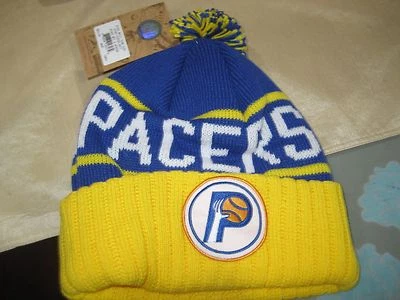 MENS NBA INDIANA PACERS Mitchell & Ness Winter BEANIE HAT BLUE/YELLOW  NWT - Image 1 of 2