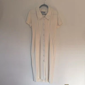 Vtg DAWN JOY Cream Midi Dress Tailored Button Down Modest Office Core 90s M - Picture 1 of 11