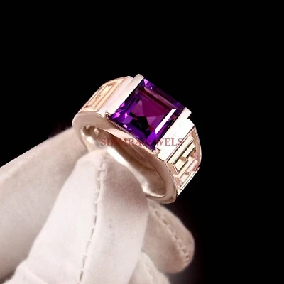 Piedras preciosas de amatista natural con anillo de plata de ley 925 para hombre #882 Foto 1 de 4