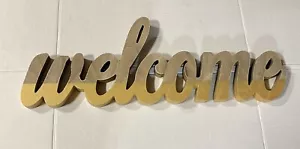 WELCOME Freestanding Cutout Word Sign Table Shelf Natural Wood Gold Painted 24" - Picture 1 of 6