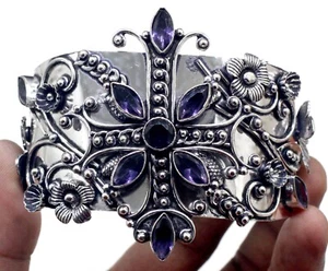 925 Sterling Silver Amethyst Gemstone Handmade Jewellery Cuff Bracelet Size-ADJ - Picture 1 of 8