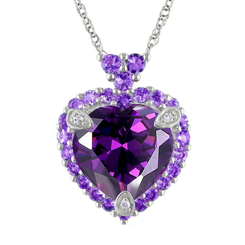 Love Heart Full of Stone Purple Amethyst Gemstone Silver Women Necklace Pendants - Image 1 of 4