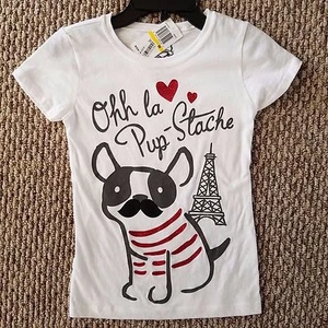 NEW Girl MED Shirt Mustache Puppy Paris Dog White Red Black Cute Dog Short Sleev - Picture 1 of 2