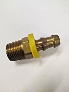 Fitting, hose barb push-on, 3/8 MNPT x 1/4 ID barb w/plastic hose cap, brass - Picture 1 of 1