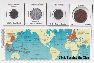WW2 Coins Minted in 1943 from Australia, Netherlands, Vichy France & U.S. - Image 1 of 4