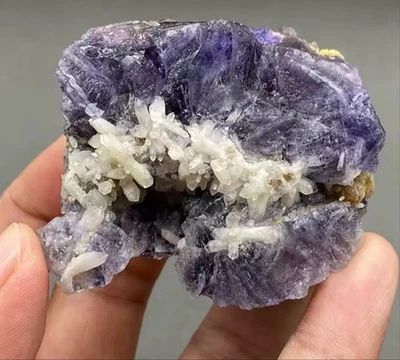 Fluorite violette fluorescente et pointes de Quartz. 165g. 65x42mm. Mongolie  - Photo 1/4