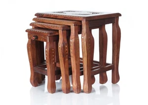 Nest of 4 Sheesham Wood Tables – Indian Rosewood Hand Carved with Brass Inlay - Picture 1 of 18