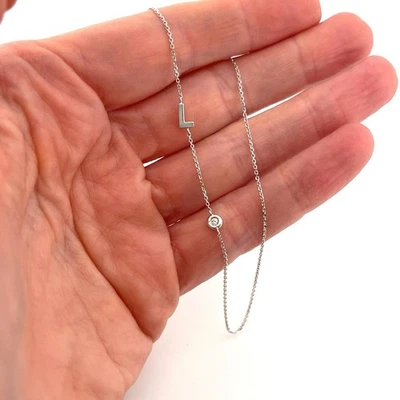 COLLAR OFFSET ORO BLANCO MACIZO 14K LETRA L INICIAL DIAMANTE NATURAL 16" VS-SI1 Foto 1 de 4