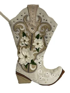 Western Cowboy Cowgirl Boot Shape Christmas Stocking Flowers Jewels Fabric Plush - Picture 1 of 8