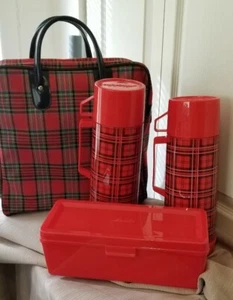 Vintage Aladdin Thermos Bottle And Bag Set, Plaid - Picture 1 of 7