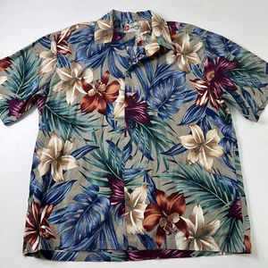 Hilo Hatties Hawaiian Button Up Aloha Flower Shirt Size XL Extra Large Tan Blue - Picture 1 of 9