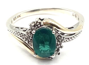 Vintage Sterling Silver / 925 & 10K Gold Simulated Emerald & CZ Ring Size 8.5 - Picture 1 of 8