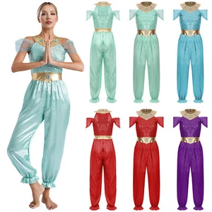 Women's Arabian Princess Costume Sequin Bodysuit Romper Belly Dance Halloween - Picture 1 of 45