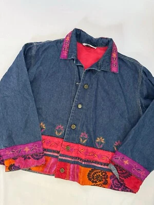 JEAN JACKET FAITH BY CELIA FORRESTER Blue Denim Embellished Floral Women's L - Image 1 of 4