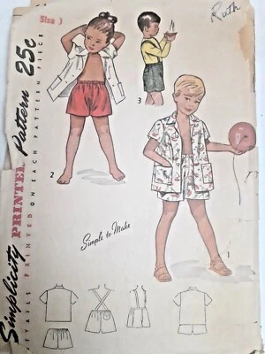 Shorts Shirt Bibs Beach Summer Boys 1 Simplicity 2891 Sewing Pattern VTG 50's  - Image 1 of 4