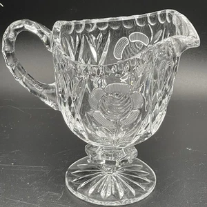 Vtg Pressed Glass Pedestal Creamer Rose Pattern Footed Clear Glass Pitcher 6” - Picture 1 of 4