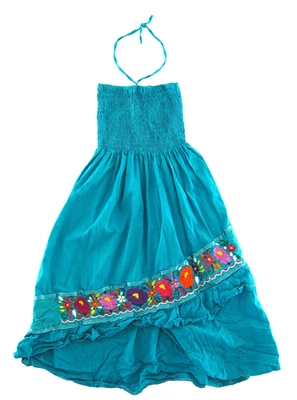 VTG Cotton Embroidered Floral Teal Blue Pink Midi Halter Tank Sun Dress XS-S - Image 1 of 4