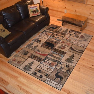 Mountain Solitude Area Rug Lodge Cabin Bear Deer Buck Canoe Duck Trout Pine Cone - Picture 1 of 5