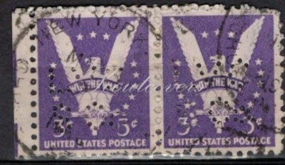 Perfins USA 1942, Sc905 2x 3c American Eagle. Used LVCSCo - Image 1 of 3