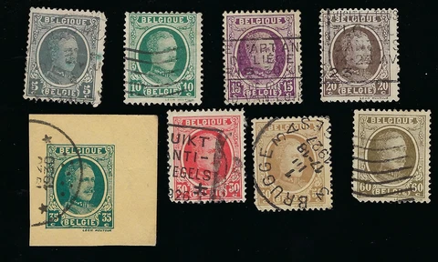 1921 BELGIUM KING ALBERT 5c,10c,15c,20c,30c,35c,50c & 60c used stamps Cover