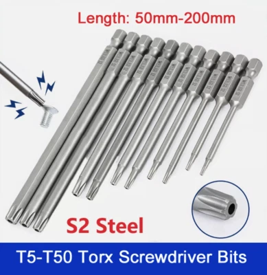 T5-T50 Torx Screwdriver Bits Extra Long Star Hex Security Magnetic Tamper Proof - Image 1 of 4