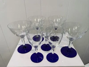 VTG Louis Weston Crystal Glasses Cobalt Blue Stems Etched Liquor & Cordial Set 7 - Picture 1 of 10