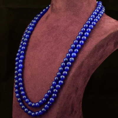 Collar de cuentas redondas de zafiro azul de 444 quilates extraído de tierra de 2 hilos JK 16E269 Foto 1 de 3