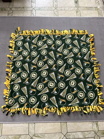 Handmade Oakland Athletics Square Stitch Blanket Pattern 45” By 50” Yellow Green Cover