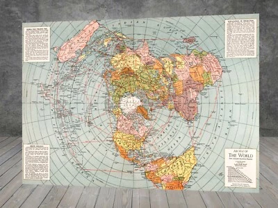 1943 Flat Earth World War II Map Polar Azimuthal poster print wall canvas 580 - Image 1 of 4