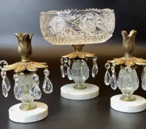 3 pz Girandole Guarnitura Ciotola Cristallo Ottone Marmo Candelieri Cristallo Prismi - Foto 1 di 9